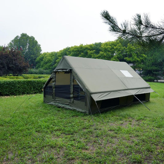Military green 12 square meter large inflatable air tent featuring double oversized skylights and roll-up awning, 300D waterproof ripstop fabric, 12cm reinforced air beams, spacious 6-8 person capacity, quick-setup blow up tent perfect for tactical camping, overlanding, family glamping, festivals and bushcraft – Boertala 2025