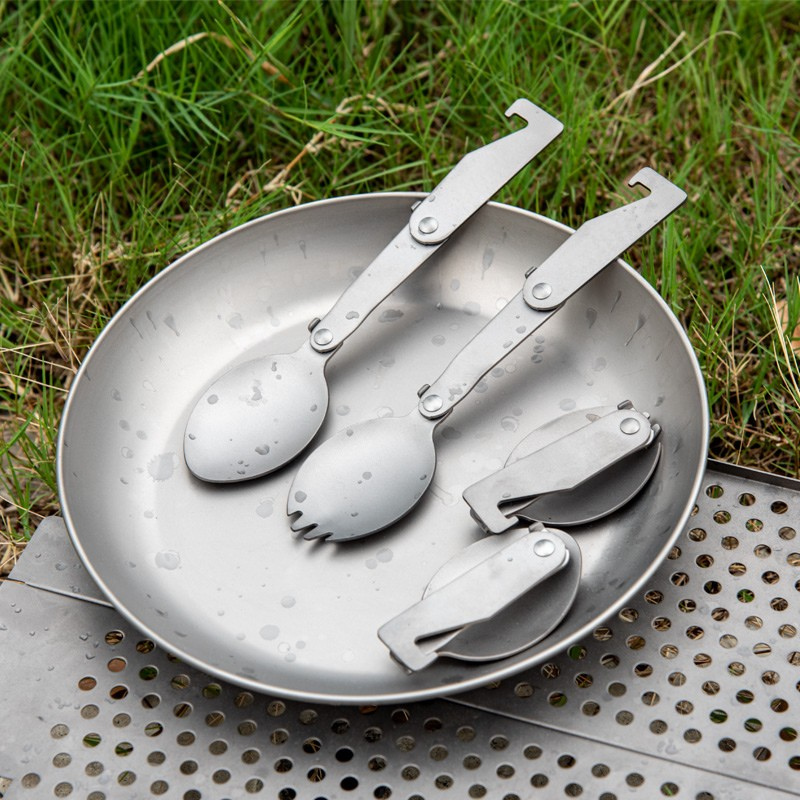 Ultralight Foldable Pure Titanium Spork & Spoon Set with Multi-Functional Hook (20.5g)
