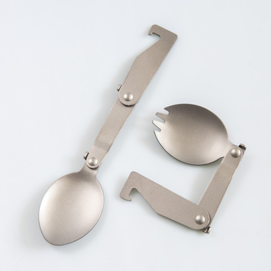 Ultralight Foldable Pure Titanium Spork & Spoon Set with Multi-Functional Hook (20.5g)