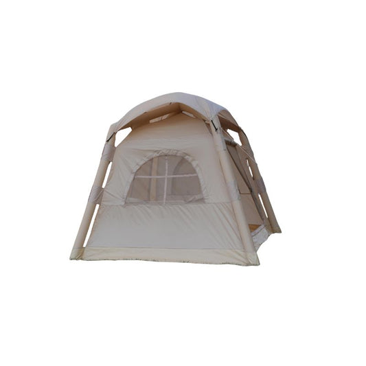 Rear view of beige lightweight 6 person air tent with mesh window for airflow, ideal for family glamping