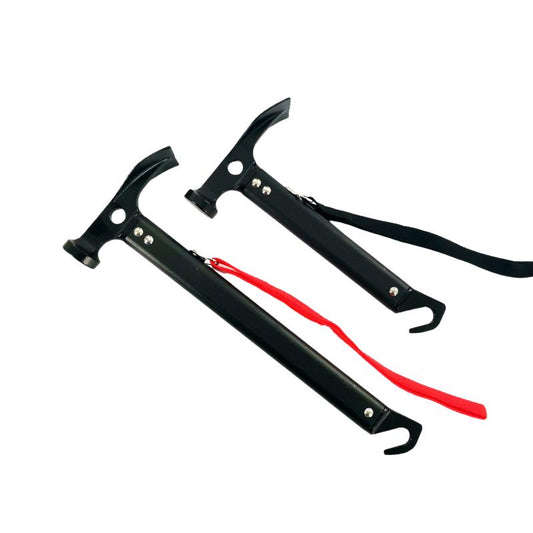 Two black ice axes with red ropes on a white background