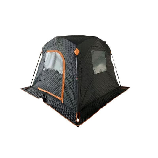 Black insulated ice fishing tent with push-pull hub design, quilted cotton layer, aluminum foil lining, and transparent windows on white background