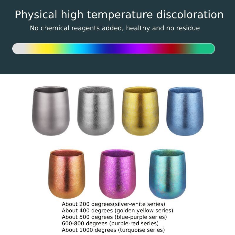 Set of colorful metallic cups with temperature discoloration chart on a white background