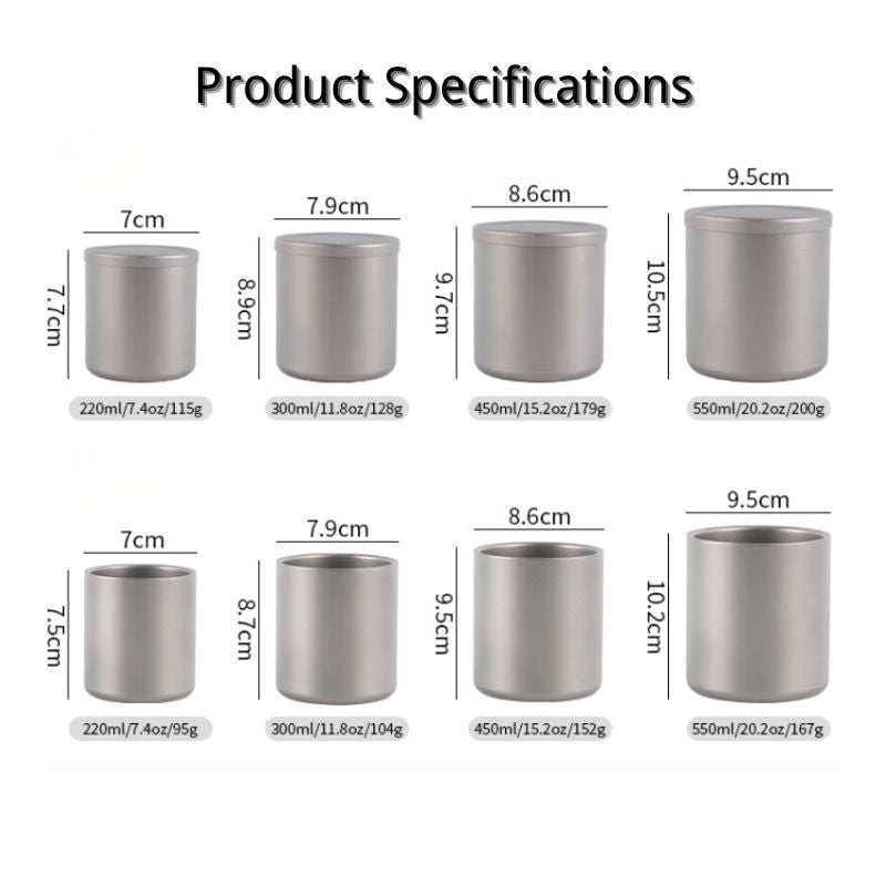 Measurement chart of various metal cups with dimensions and weights.