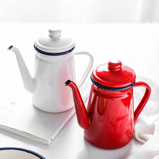 Vintage 1.1L Enamel Gooseneck Coffee Kettle Pot for Outdoor Camping & Home Pour-Over