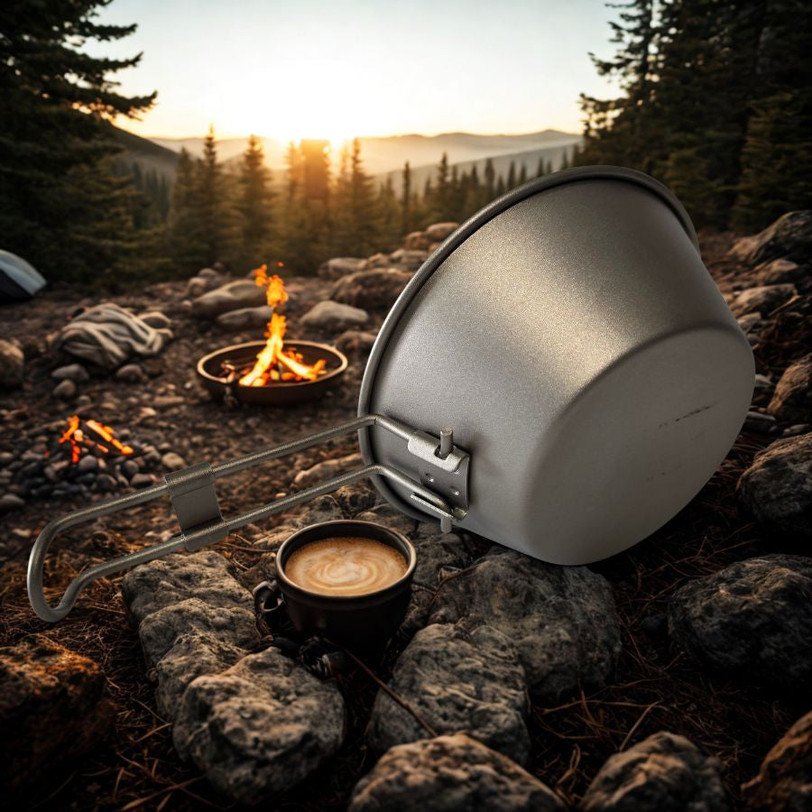 A titanium Sierra cup with hot coffee placed on rocks at a campsite, next to a glowing campfire, with forest and sunset in the background.