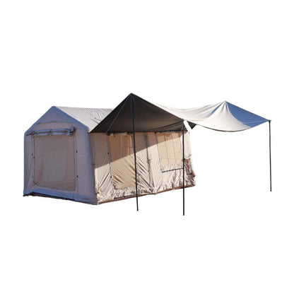 Luxury 12 sqm inflatable glamping tent with massive front canopy awning, three U-shaped doors, room divider and dual skylights, 420D heavy-duty fabric, 15cm air beams, 8-10 person premium air tent
