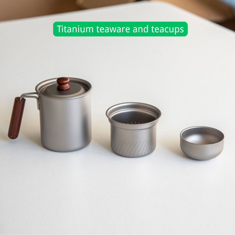 Portable Pure Titanium Tea Set with Wooden Handle - 300ml Teapot & 50ml Double-Wall Cup