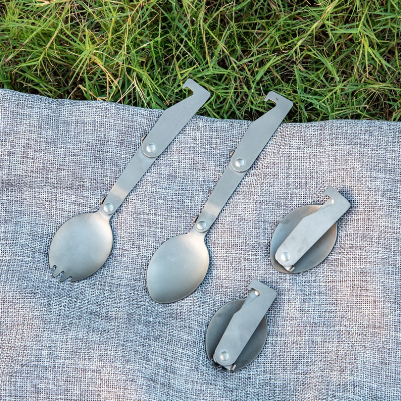 Ultralight Foldable Pure Titanium Spork & Spoon Set with Multi-Functional Hook (20.5g)