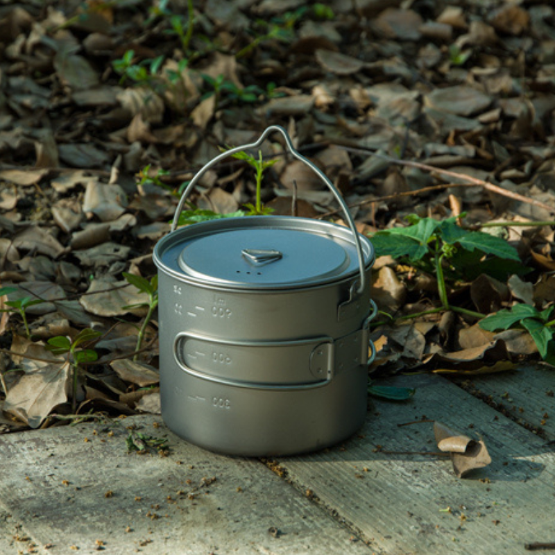 Ultralight Pure Titanium Hanging Pot with Bail Handle & Folding Grips