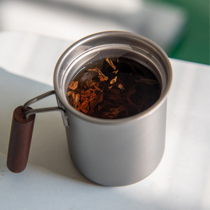 Portable Pure Titanium Tea Set with Wooden Handle - 300ml Teapot & 50ml Double-Wall Cup