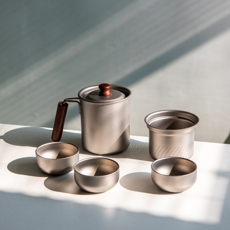 Portable Pure Titanium Tea Set with Wooden Handle - 300ml Teapot & 50ml Double-Wall Cup