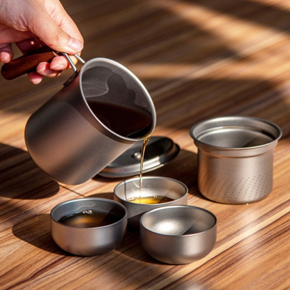 Portable Pure Titanium Tea Set with Wooden Handle - 300ml Teapot & 50ml Double-Wall Cup