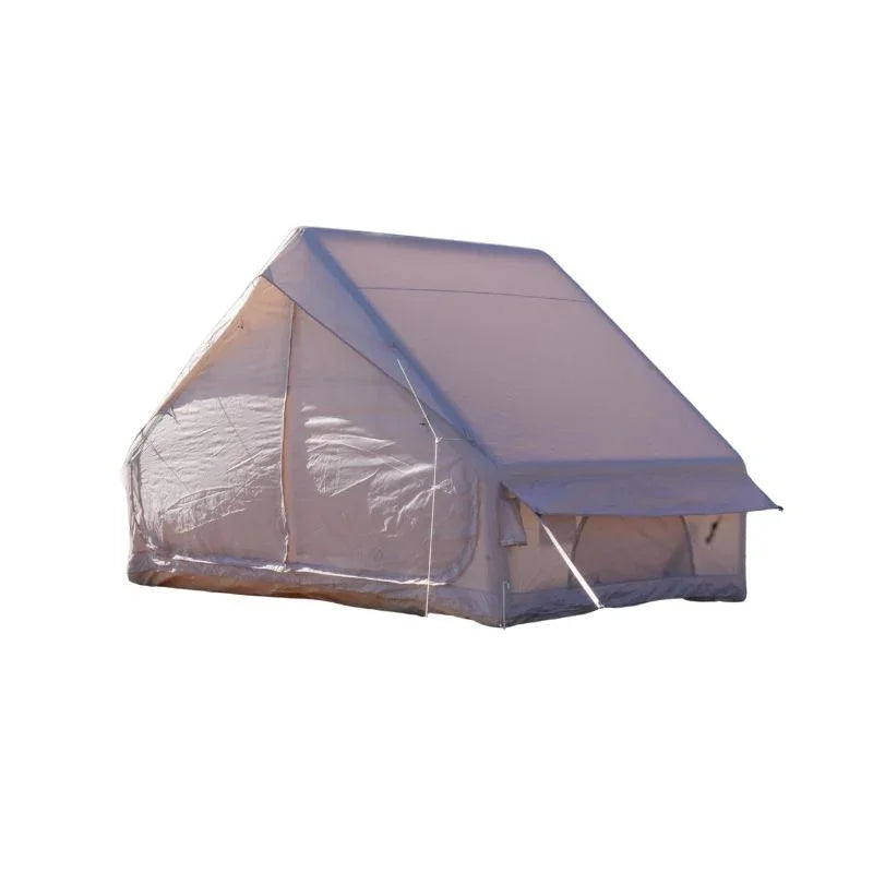 Beige 4-6 person ultralight inflatable tent with single door and large mesh side panels on white background