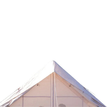 Top corner of a beige tent with a white background