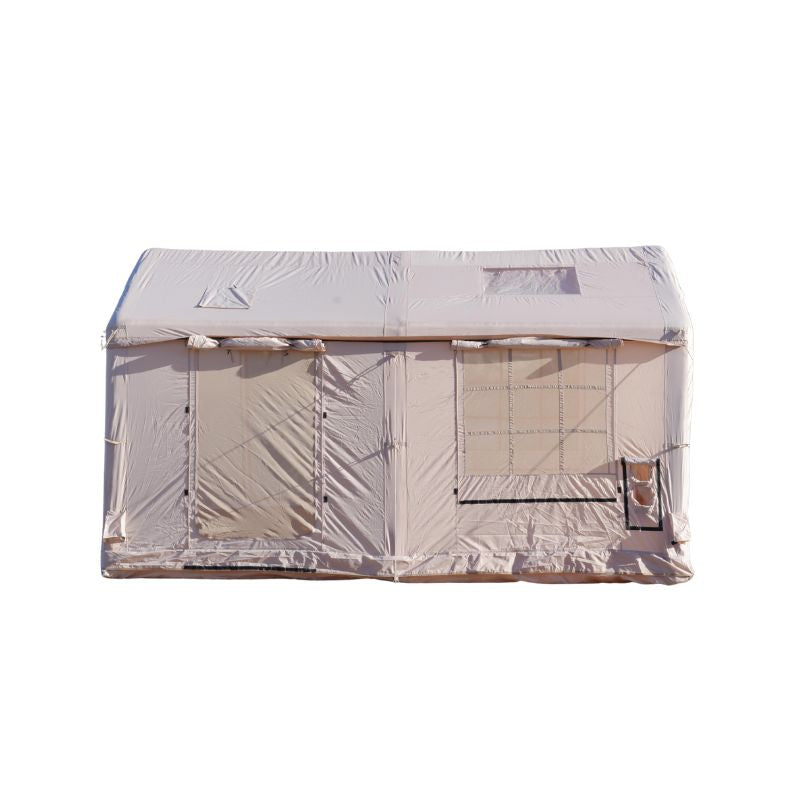Premium 12 square meter inflatable glamping tent featuring huge pole-supported front canopy (3×4m cyclorama curtain), three full U-shaped doors, internal partition, double skylights, 420D oxford + PVC groundsheet, ultra-stable 15cm air beams – perfect 8-10 person luxury family air tent for camping and festivals – Boertala 2025