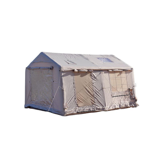 Premium 12 square meter inflatable glamping tent featuring huge pole-supported front canopy (3×4m cyclorama curtain), three full U-shaped doors, internal partition, double skylights, 420D oxford + PVC groundsheet, ultra-stable 15cm air beams – perfect 8-10 person luxury family air tent for camping and festivals – Boertala 2025