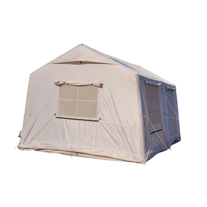 Premium 12 square meter inflatable glamping tent featuring huge pole-supported front canopy (3×4m cyclorama curtain), three full U-shaped doors, internal partition, double skylights, 420D oxford + PVC groundsheet, ultra-stable 15cm air beams – perfect 8-10 person luxury family air tent for camping and festivals – Boertala 2025