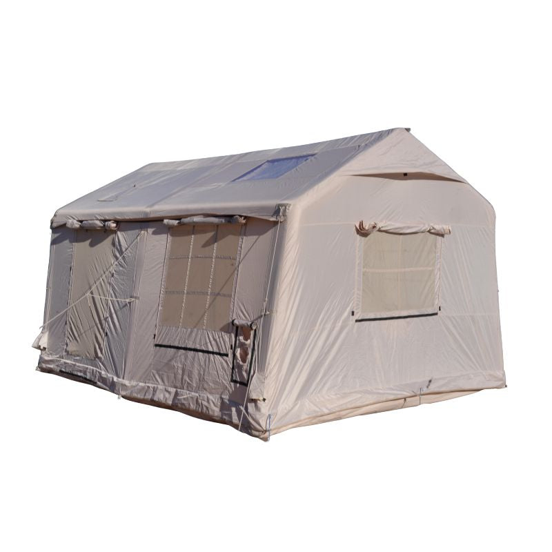 Premium 12 square meter inflatable glamping tent featuring huge pole-supported front canopy (3×4m cyclorama curtain), three full U-shaped doors, internal partition, double skylights, 420D oxford + PVC groundsheet, ultra-stable 15cm air beams – perfect 8-10 person luxury family air tent for camping and festivals – Boertala 2025