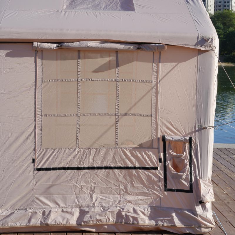 Premium 12 square meter inflatable glamping tent featuring huge pole-supported front canopy (3×4m cyclorama curtain), three full U-shaped doors, internal partition, double skylights, 420D oxford + PVC groundsheet, ultra-stable 15cm air beams – perfect 8-10 person luxury family air tent for camping and festivals – Boertala 2025