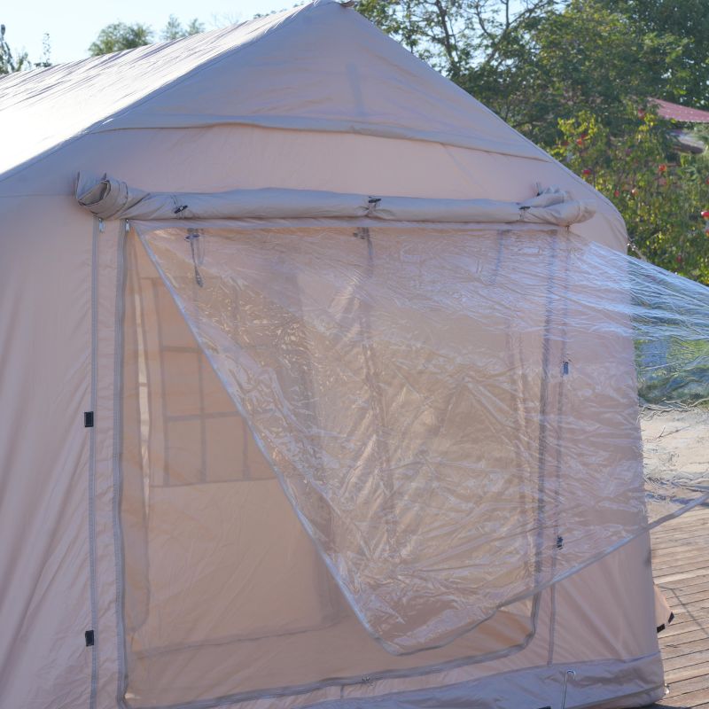 Premium 12 square meter inflatable glamping tent featuring huge pole-supported front canopy (3×4m cyclorama curtain), three full U-shaped doors, internal partition, double skylights, 420D oxford + PVC groundsheet, ultra-stable 15cm air beams – perfect 8-10 person luxury family air tent for camping and festivals – Boertala 2025
