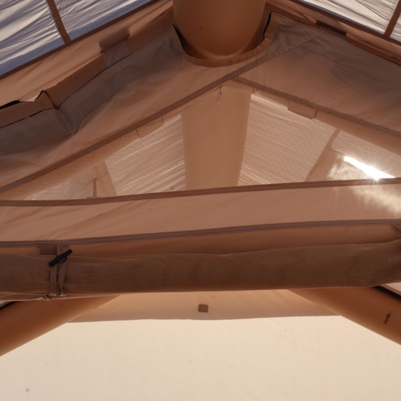 Premium 12 square meter inflatable glamping tent featuring huge pole-supported front canopy (3×4m cyclorama curtain), three full U-shaped doors, internal partition, double skylights, 420D oxford + PVC groundsheet, ultra-stable 15cm air beams – perfect 8-10 person luxury family air tent for camping and festivals – Boertala 2025