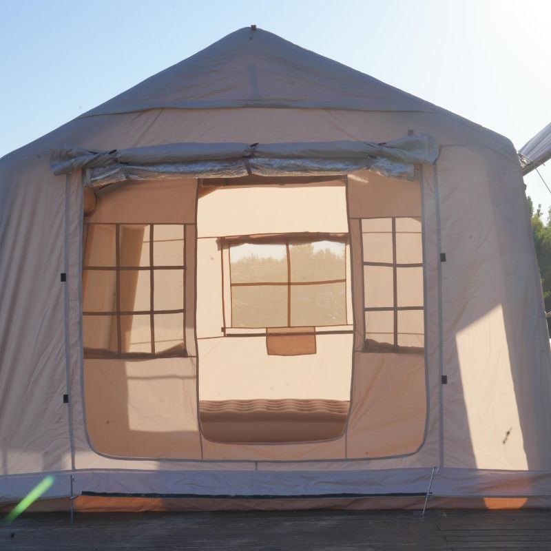Premium 12 square meter inflatable glamping tent featuring huge pole-supported front canopy (3×4m cyclorama curtain), three full U-shaped doors, internal partition, double skylights, 420D oxford + PVC groundsheet, ultra-stable 15cm air beams – perfect 8-10 person luxury family air tent for camping and festivals – Boertala 2025