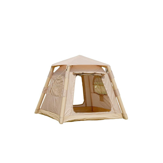 Beige 6-person inflatable camping tent with double doors and mesh windows on white background