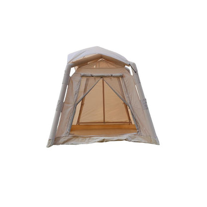 Beige 6-person inflatable camping tent side view with mesh door open for ventilation and quick setup air poles

