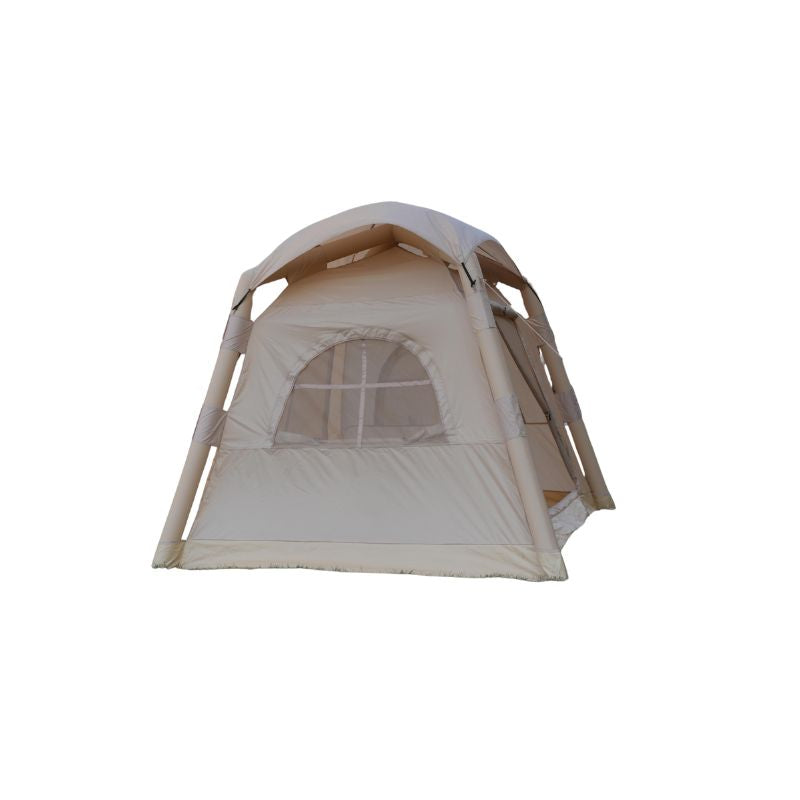 Rear view of beige lightweight 6 person air tent with mesh window for airflow, ideal for family glamping

