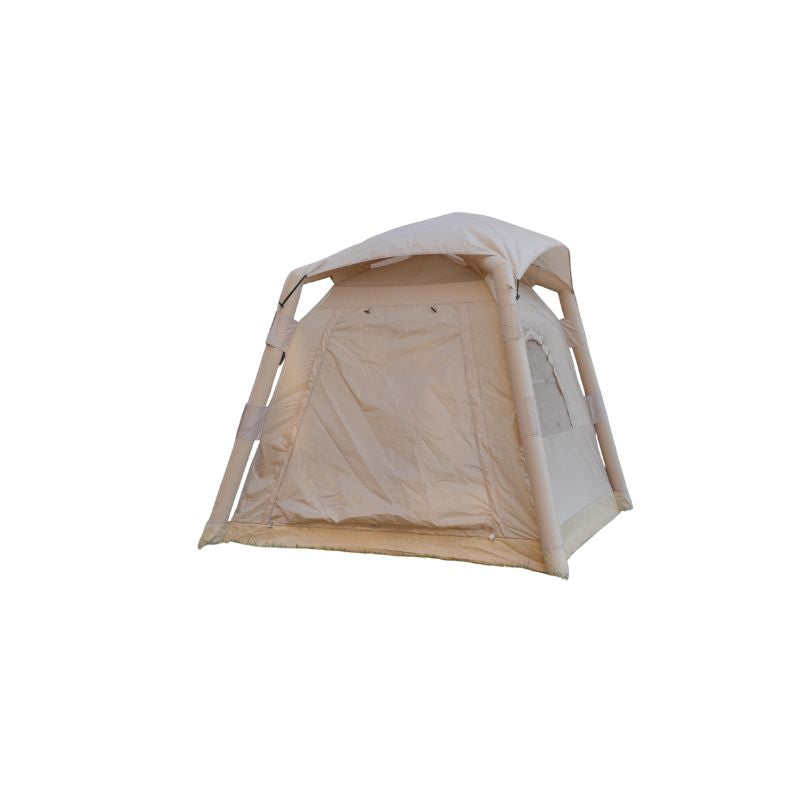 Back view of beige inflatable glamping tent for 6 people, showing durable waterproof fabric and compact design

