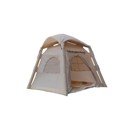 Front view of beige quick setup inflatable tent for 6 persons with double doors open and mesh screens

