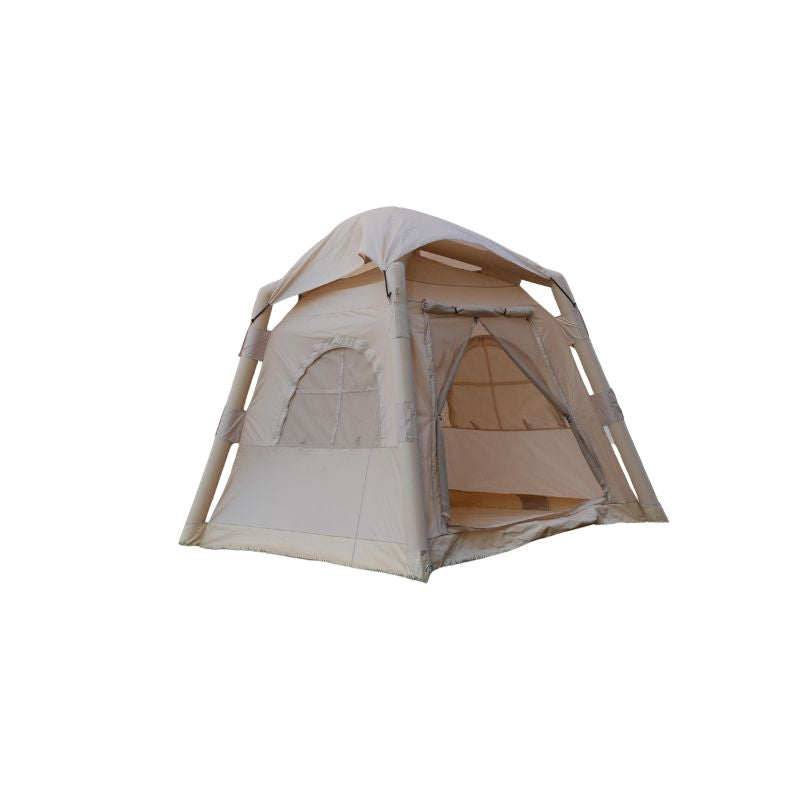Close-up of beige inflatable tent air pole staked in grass, demonstrating stable easy setup for outdoor camping

