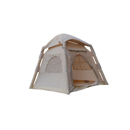 Close-up of beige inflatable tent air pole staked in grass, demonstrating stable easy setup for outdoor camping

