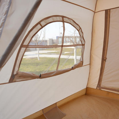 Ceiling interior of beige lightweight air pole tent for 6, showing sturdy inflatable beams and ventilation panels

