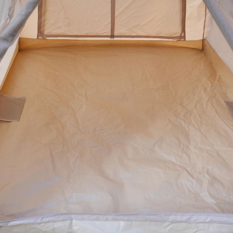 Beige inflatable glamping tent interior floor and walls, highlighting roomy space for 6 with waterproof ground cloth

