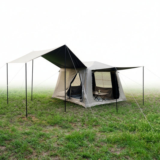 Beige 3-4 person inflatable ridge tent with hexagonal blackout canopy and attached screen porch set up in grassy outdoor glamping site with chairs and table

