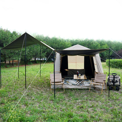Quick setup beige ridge inflatable tent featuring hexagonal blackout and mesh porch with chairs and table in natural outdoor setting

