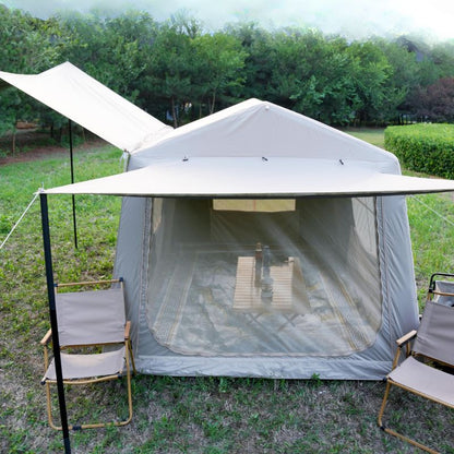 Quick setup beige ridge inflatable tent featuring hexagonal blackout and mesh porch with chairs and table in natural outdoor setting

