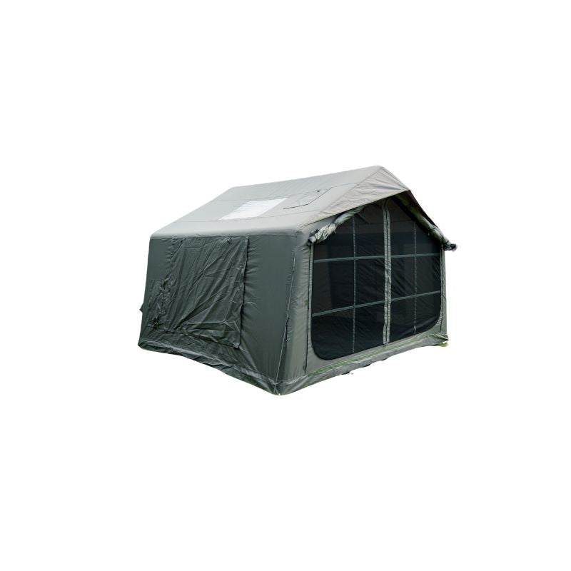 Green 6-8 person large inflatable camping tent with mesh windows and waterproof cover on white background