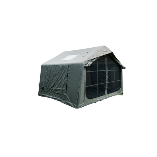 Green 6-8 person large inflatable camping tent with mesh windows and waterproof cover on white background