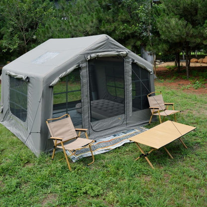 Extra large green 6-8 person inflatable family tent with full mesh sides on white background

