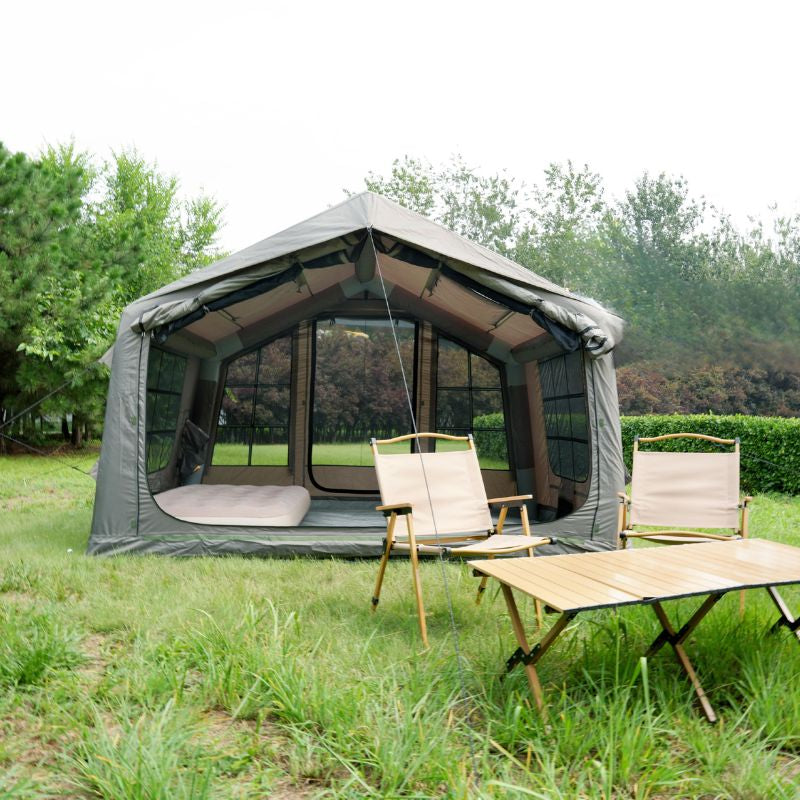 Green 6-8 person large inflatable camping tent with mesh windows and waterproof cover on white background