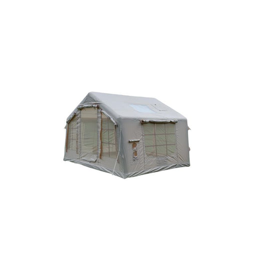 Beige 6-8 person large inflatable camping tent with full mesh sides and waterproof cover on white background