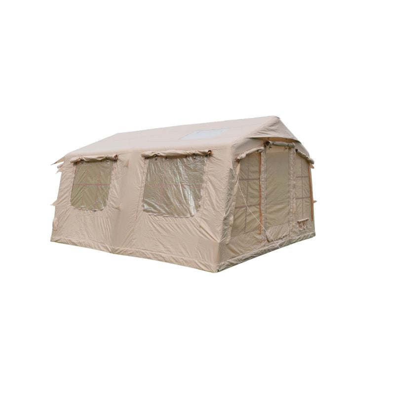 Beige 10-12 person extra large inflatable camping tent with 4 windows and 2 skylights on white background