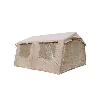 Beige 10-12 person extra large inflatable camping tent with 4 windows and 2 skylights on white background
