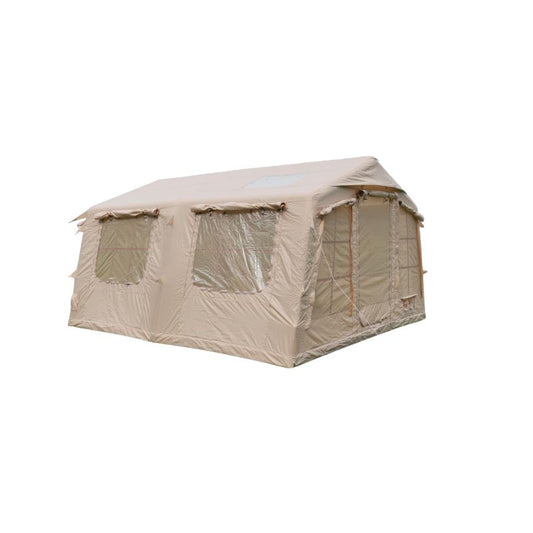 Beige 10-12 person extra large inflatable camping tent with 4 windows and 2 skylights on white background