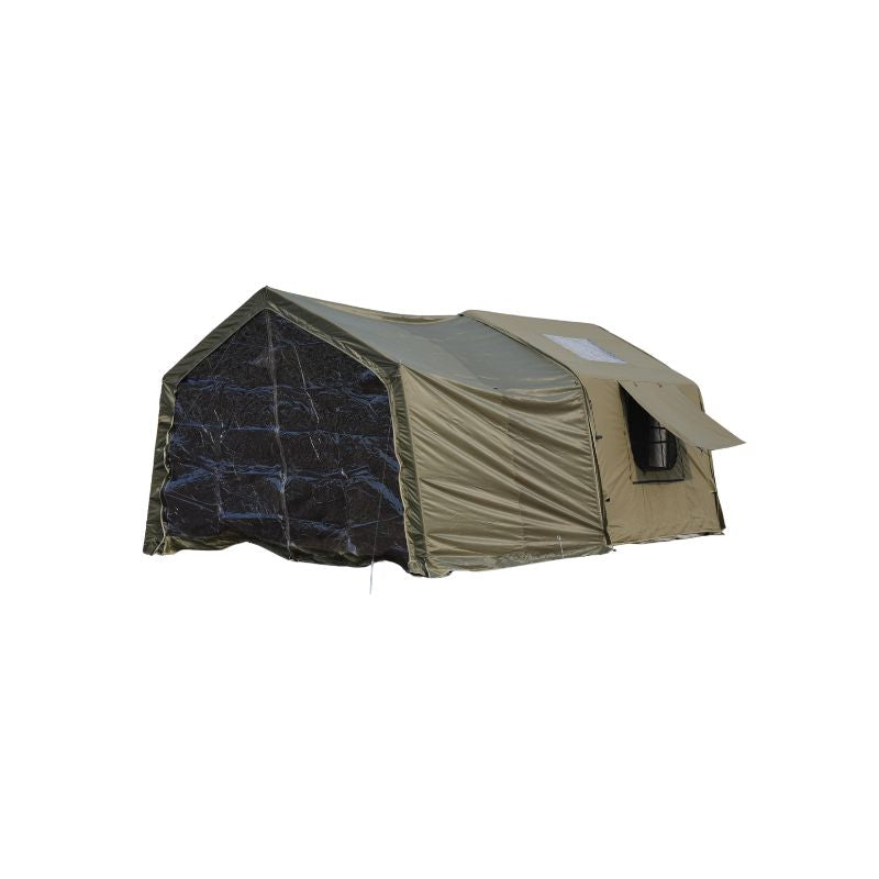 Beige 8+8㎡ one bedroom one living room inflatable glamping tent with AB doors and blackout extension on white background