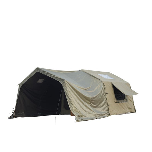 Large beige tent with a black interior on a white background