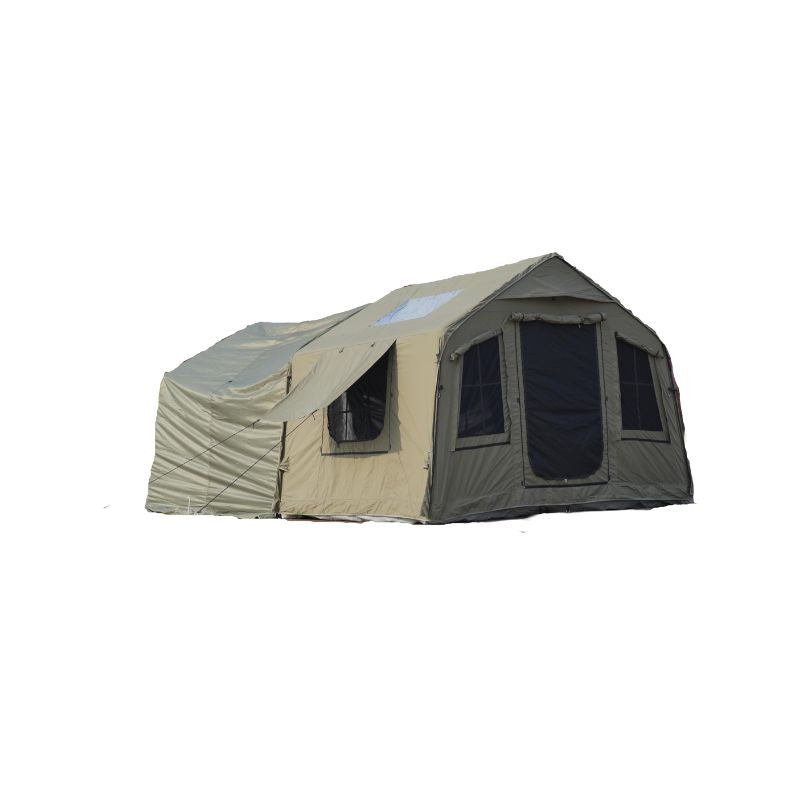Two-tone tent with beige and green colors on a white background